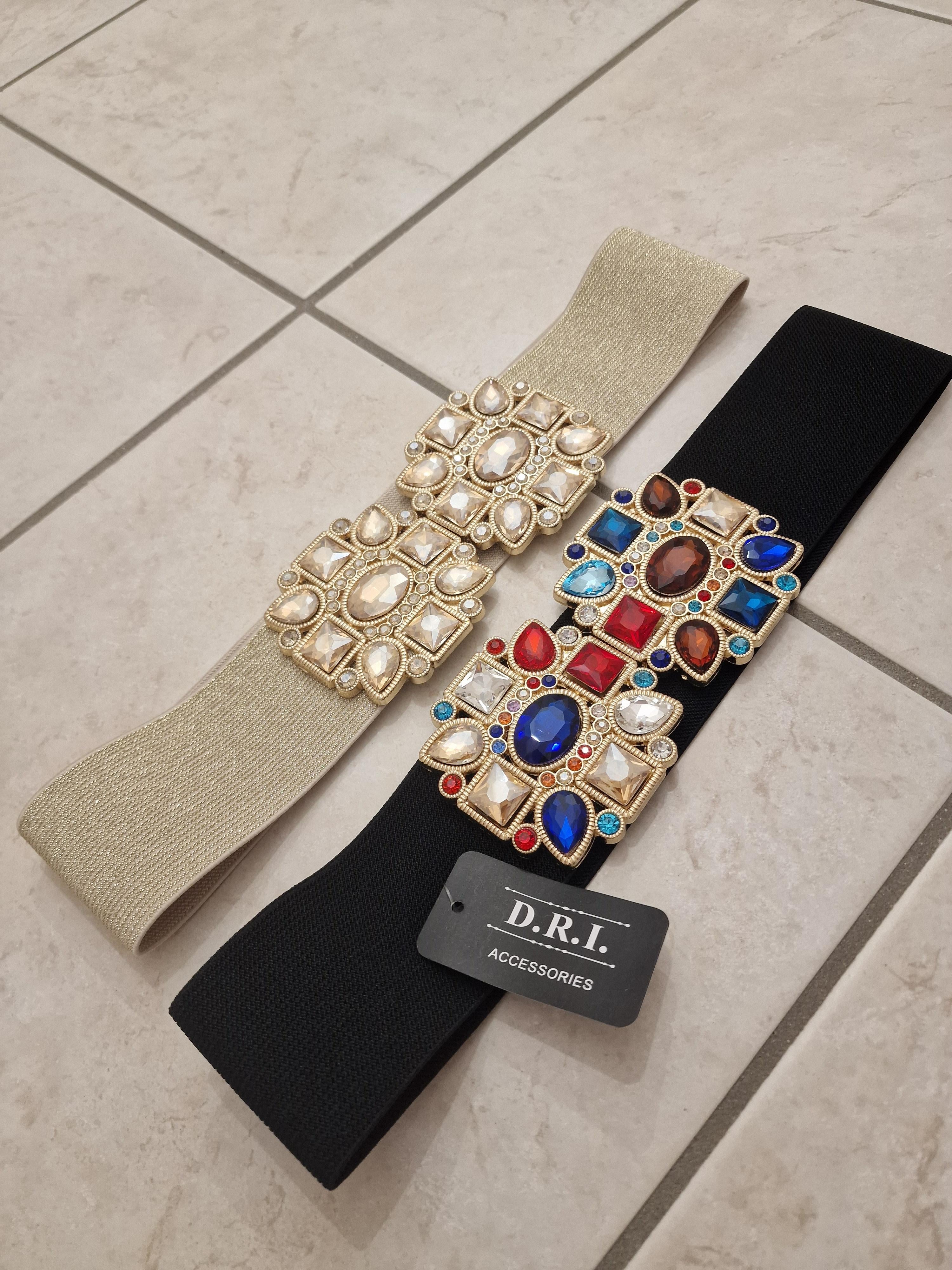 D.R.L Cintura Gioiello Design Elegante Con Strass In 3 Colori Nera Dorata Beige Accessori Donna
