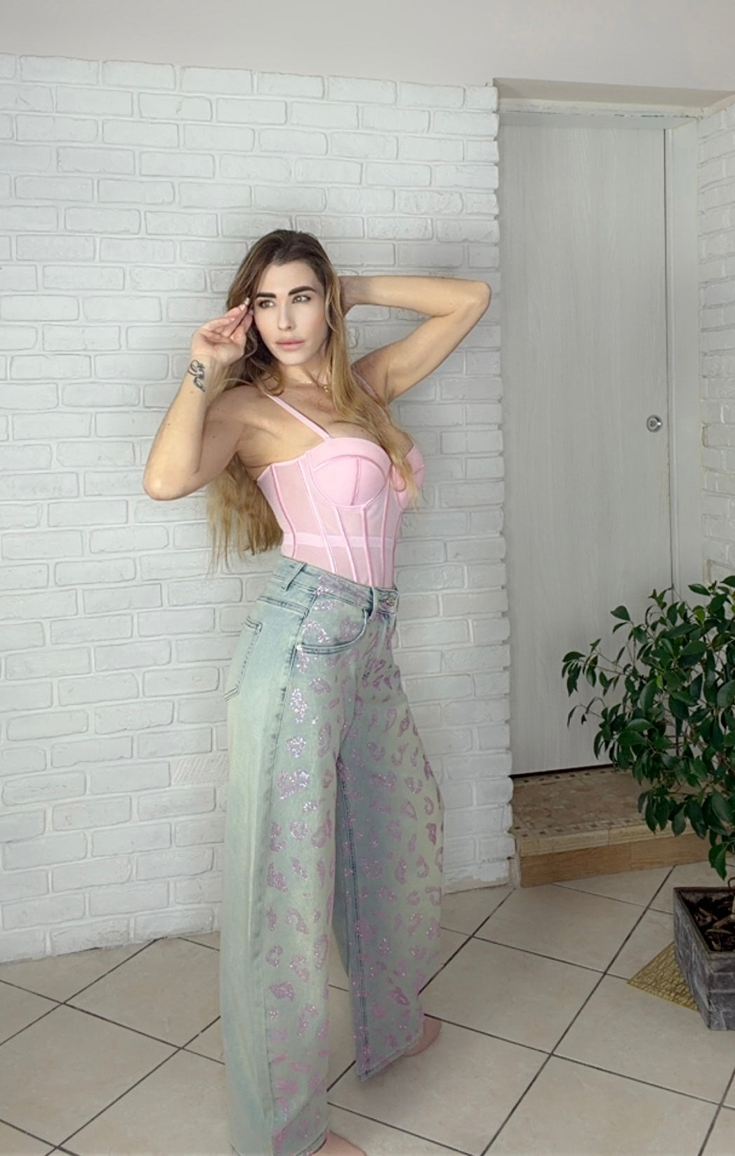 Denim Leo Pink in Strass